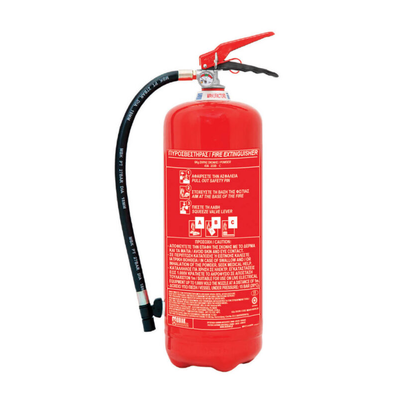 Fire Extinguisher 6Kg Dry Powder ABC 40% with one seam vessel and Pressure Gauge Safety Release Valve.